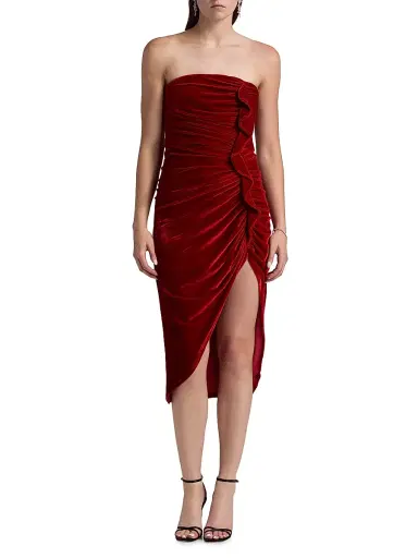 BCBGMAXAZRIA Women's Ruffled Velvet Strapless Minidress - Chilli Pepper - Size 12 | Thumbnail 3 BCBGMAXAZRIA Women's Ruffled Velvet Strapless Minidress - Chilli Pepper - Size 12 | Thumbnail 3
