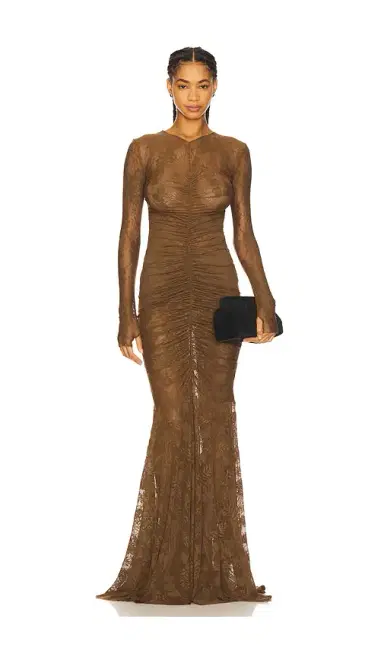 Norma Kamali Long Sleeve V Neck Shirred Front Fishtail Gown | Thumbnail 1 Norma Kamali Long Sleeve V Neck Shirred Front Fishtail Gown | Thumbnail 1