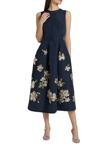 Oscar de la Renta Women's Sequin-Embellished Floral Belted Cocktail Dress - Navy | Thumbnail 3 Oscar de la Renta Women's Sequin-Embellished Floral Belted Cocktail Dress - Navy | Thumbnail 3
