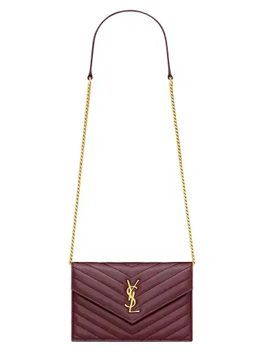 Saint Laurent Women's Cassandre Envelope Chain Wallet in Lambskin - Rouge Cabernet | Thumbnail 1 Saint Laurent Women's Cassandre Envelope Chain Wallet in Lambskin - Rouge Cabernet | Thumbnail 1