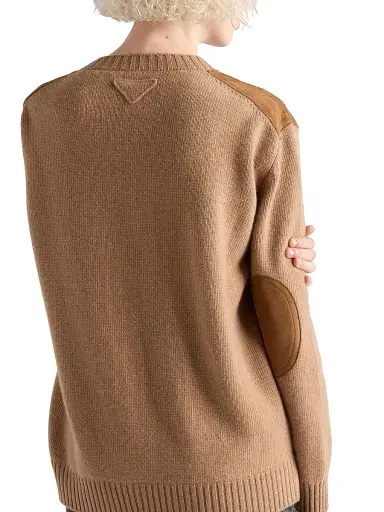 Prada Women's Cashmere Wool and Suede V-Neck Sweater - Brown | Thumbnail 4 Prada Women's Cashmere Wool and Suede V-Neck Sweater - Brown | Thumbnail 4