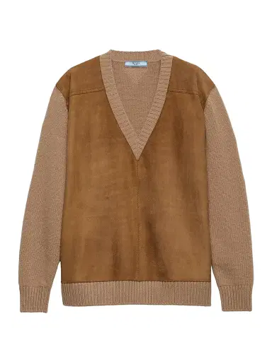 Prada Women's Cashmere Wool and Suede V-Neck Sweater - Brown | Thumbnail 1 Prada Women's Cashmere Wool and Suede V-Neck Sweater - Brown | Thumbnail 1