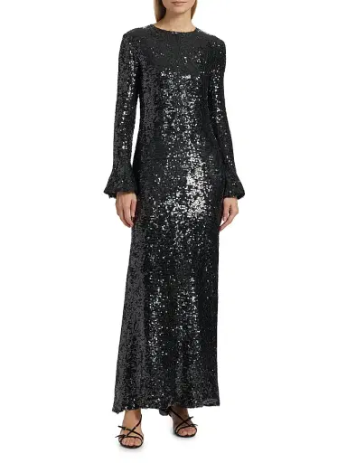 LAPOINTE Women's Sequined Flare-Sleeve Sheath Gown - Dark Green | Thumbnail 3 LAPOINTE Women's Sequined Flare-Sleeve Sheath Gown - Dark Green | Thumbnail 3