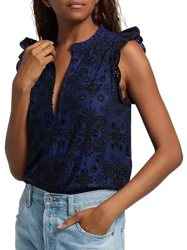 FIGUE Women's Maris Embroidered Cotton Top - True Navy - Size Large | Thumbnail 6 FIGUE Women's Maris Embroidered Cotton Top - True Navy - Size Large | Thumbnail 6