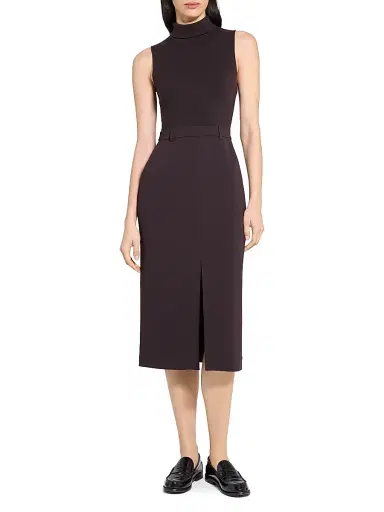 Theory Women's Funnel-Neck Crepe Belted Dress - Dark Cacao | Thumbnail 2 Theory Women's Funnel-Neck Crepe Belted Dress - Dark Cacao | Thumbnail 2