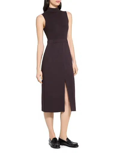Theory Women's Funnel-Neck Crepe Belted Dress - Dark Cacao | Thumbnail 3 Theory Women's Funnel-Neck Crepe Belted Dress - Dark Cacao | Thumbnail 3