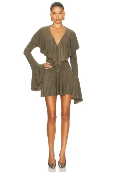 Norma Kamali for FWRD Long Sleeve Deep V Ruffle Mini Dress | Thumbnail 4 Norma Kamali for FWRD Long Sleeve Deep V Ruffle Mini Dress | Thumbnail 4