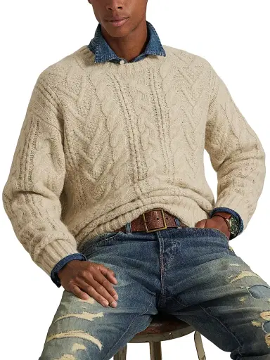 Polo Ralph Lauren Men's Aran Wool-Blend Crewneck Sweater - Coconut Cream Heather | Thumbnail 5 Polo Ralph Lauren Men's Aran Wool-Blend Crewneck Sweater - Coconut Cream Heather | Thumbnail 5