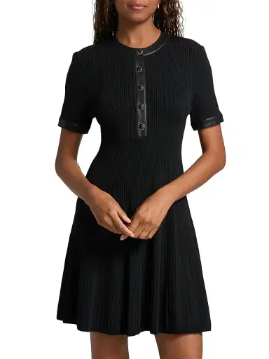 Milly Women's Faux Leather-Trim Henley Minidress - Black | Thumbnail 3 Milly Women's Faux Leather-Trim Henley Minidress - Black | Thumbnail 3