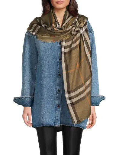 Burberry Women's Reversible Check Wool-Silk Scarf - Sand Vole Brown | Thumbnail 1 Burberry Women's Reversible Check Wool-Silk Scarf - Sand Vole Brown | Thumbnail 1