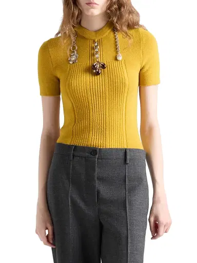 Prada Women's Short-Sleeved Wool Sweater - Yellow | Thumbnail 2 Prada Women's Short-Sleeved Wool Sweater - Yellow | Thumbnail 2