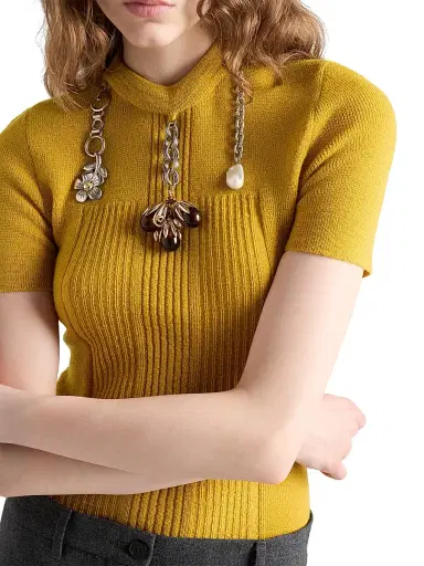 Prada Women's Short-Sleeved Wool Sweater - Yellow | Thumbnail 4 Prada Women's Short-Sleeved Wool Sweater - Yellow | Thumbnail 4