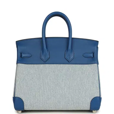 HERMÈS Hermes Birkin 25 Bleu France Swift and Bleu Bill-Ecru Toile H Canvas Palladium Hardware | Thumbnail 4 HERMÈS Hermes Birkin 25 Bleu France Swift and Bleu Bill-Ecru Toile H Canvas Palladium Hardware | Thumbnail 4