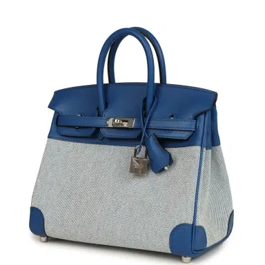 HERMÈS Hermes Birkin 25 Bleu France Swift and Bleu Bill-Ecru Toile H Canvas Palladium Hardware | Thumbnail 5 HERMÈS Hermes Birkin 25 Bleu France Swift and Bleu Bill-Ecru Toile H Canvas Palladium Hardware | Thumbnail 5