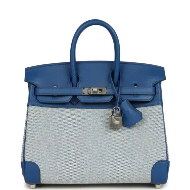 HERMÈS Hermes Birkin 25 Bleu France Swift and Bleu Bill-Ecru Toile H Canvas Palladium Hardware | Thumbnail 1 HERMÈS Hermes Birkin 25 Bleu France Swift and Bleu Bill-Ecru Toile H Canvas Palladium Hardware | Thumbnail 1