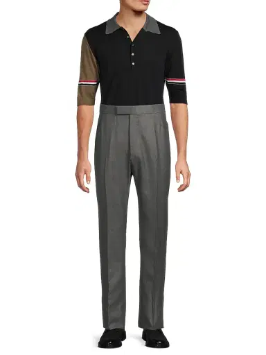 Thom Browne Men's Fun Mix 4-Bar Wool Jersey Polo Shirt - Navy Grey Brown | Thumbnail 2 Thom Browne Men's Fun Mix 4-Bar Wool Jersey Polo Shirt - Navy Grey Brown | Thumbnail 2