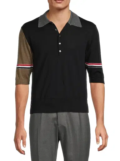 Thom Browne Men's Fun Mix 4-Bar Wool Jersey Polo Shirt - Navy Grey Brown | Thumbnail 3 Thom Browne Men's Fun Mix 4-Bar Wool Jersey Polo Shirt - Navy Grey Brown | Thumbnail 3