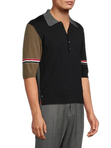 Thom Browne Men's Fun Mix 4-Bar Wool Jersey Polo Shirt - Navy Grey Brown | Thumbnail 4 Thom Browne Men's Fun Mix 4-Bar Wool Jersey Polo Shirt - Navy Grey Brown | Thumbnail 4