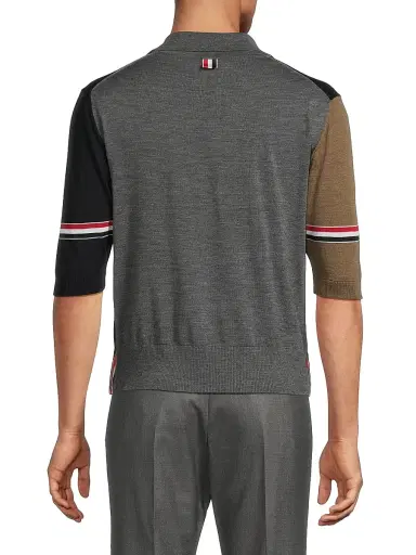 Thom Browne Men's Fun Mix 4-Bar Wool Jersey Polo Shirt - Navy Grey Brown | Thumbnail 5 Thom Browne Men's Fun Mix 4-Bar Wool Jersey Polo Shirt - Navy Grey Brown | Thumbnail 5