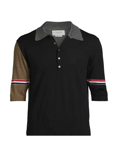 Thom Browne Men's Fun Mix 4-Bar Wool Jersey Polo Shirt - Navy Grey Brown | Thumbnail 1 Thom Browne Men's Fun Mix 4-Bar Wool Jersey Polo Shirt - Navy Grey Brown | Thumbnail 1