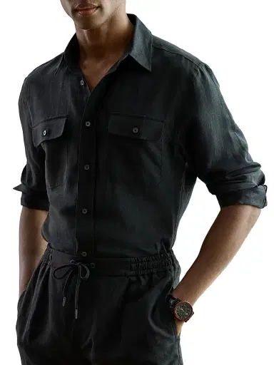 Ralph Lauren Purple Label Men's Silk-Linen Canvas Shirt - Black | Thumbnail 3 Ralph Lauren Purple Label Men's Silk-Linen Canvas Shirt - Black | Thumbnail 3