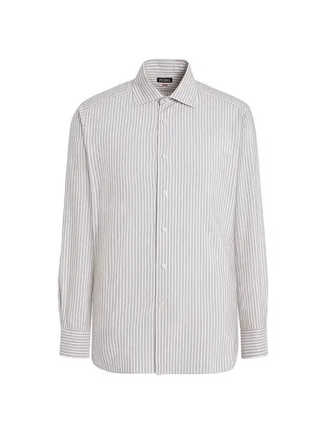 Men's Striped Silk and Cotton Blend Shirt - Brown White Men's Striped Silk and Cotton Blend Shirt - Brown White