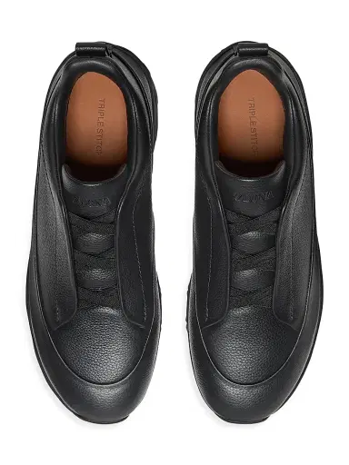 Zegna Men's Leather Triple Stitch Monte Sneakers - Black | Thumbnail 4 Zegna Men's Leather Triple Stitch Monte Sneakers - Black | Thumbnail 4