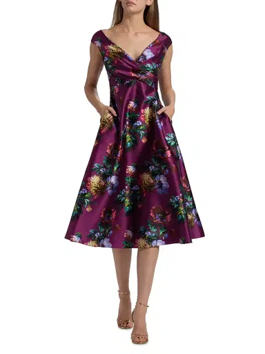 Theia Women's Kadence Floral V-Neck Midi-Dress - Sangria Poppy Stripe | Thumbnail 2 Theia Women's Kadence Floral V-Neck Midi-Dress - Sangria Poppy Stripe | Thumbnail 2