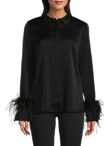 Ungaro Women's Luna Feather-Cuff Satin Blouse - Black | Thumbnail 3 Ungaro Women's Luna Feather-Cuff Satin Blouse - Black | Thumbnail 3