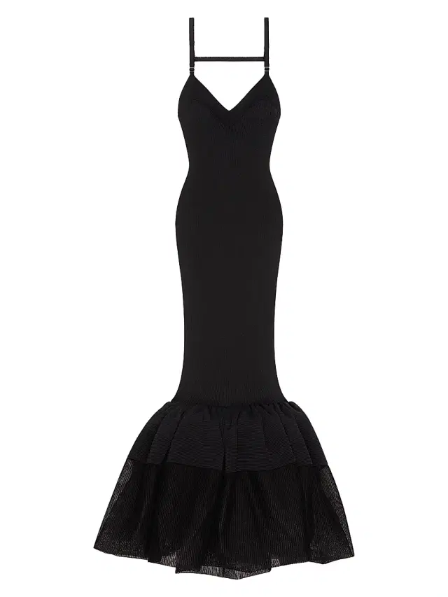 Women's Knitted Dress with Ruffles at the Bottom - Black Women's Knitted Dress with Ruffles at the Bottom - Black