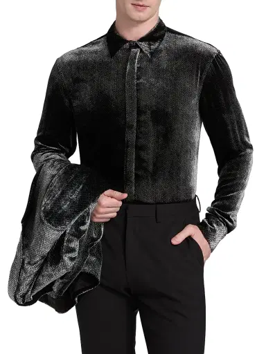 Giorgio Armani Men's Velvet Tux Shirt - Black Beauty | Thumbnail 3 Giorgio Armani Men's Velvet Tux Shirt - Black Beauty | Thumbnail 3