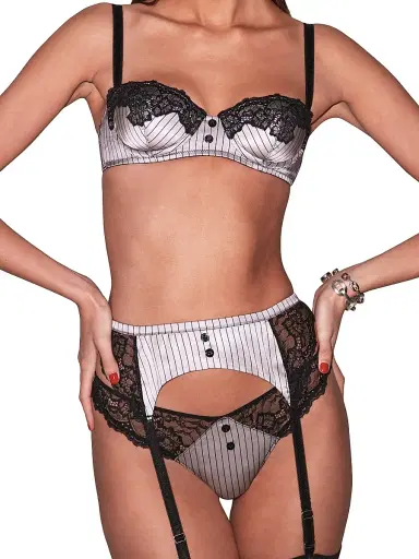 Fleur du Mal Women's Executive Silk & Lace Thong - Ash Pinstripe | Thumbnail 6 Fleur du Mal Women's Executive Silk & Lace Thong - Ash Pinstripe | Thumbnail 6