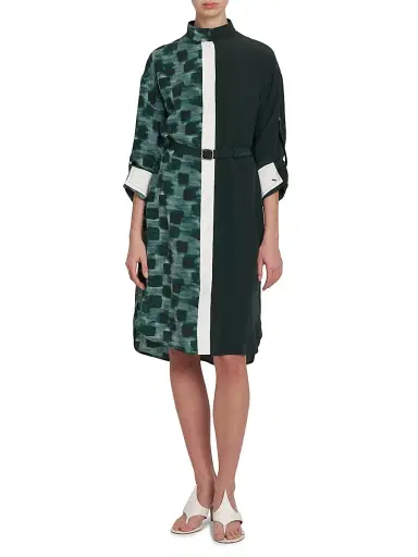 Ferragamo Women's Painted Block Silk Split Shirtdress - Moss | Thumbnail 2 Ferragamo Women's Painted Block Silk Split Shirtdress - Moss | Thumbnail 2