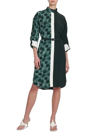 Ferragamo Women's Painted Block Silk Split Shirtdress - Moss | Thumbnail 3 Ferragamo Women's Painted Block Silk Split Shirtdress - Moss | Thumbnail 3