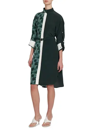 Ferragamo Women's Painted Block Silk Split Shirtdress - Moss | Thumbnail 4 Ferragamo Women's Painted Block Silk Split Shirtdress - Moss | Thumbnail 4