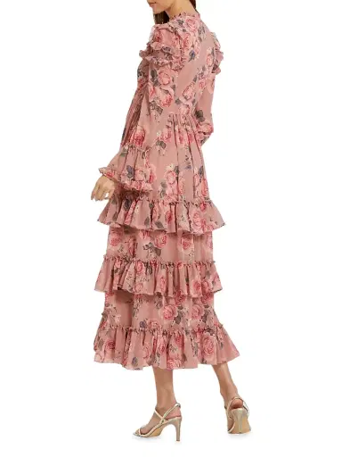Mac Duggal Women's Rose-Print Tiered Ruffle Midi-Dress - Rose Multi | Thumbnail 2 Mac Duggal Women's Rose-Print Tiered Ruffle Midi-Dress - Rose Multi | Thumbnail 2