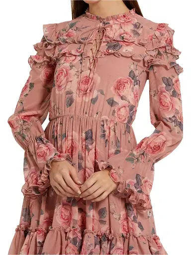 Mac Duggal Women's Rose-Print Tiered Ruffle Midi-Dress - Rose Multi | Thumbnail 3 Mac Duggal Women's Rose-Print Tiered Ruffle Midi-Dress - Rose Multi | Thumbnail 3