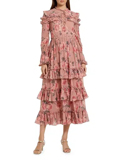 Mac Duggal Women's Rose-Print Tiered Ruffle Midi-Dress - Rose Multi | Thumbnail 1 Mac Duggal Women's Rose-Print Tiered Ruffle Midi-Dress - Rose Multi | Thumbnail 1