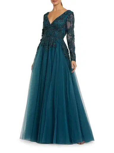 Mac Duggal Women's Embellished Tulle A-Line Gown - Teal | Thumbnail 1 Mac Duggal Women's Embellished Tulle A-Line Gown - Teal | Thumbnail 1