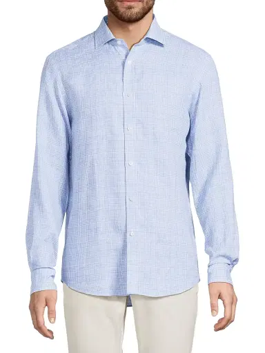Ralph Lauren Purple Label Men's Glen Check Linen Button-Front Shirt - Blue White | Thumbnail 3 Ralph Lauren Purple Label Men's Glen Check Linen Button-Front Shirt - Blue White | Thumbnail 3