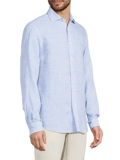 Ralph Lauren Purple Label Men's Glen Check Linen Button-Front Shirt - Blue White | Thumbnail 4 Ralph Lauren Purple Label Men's Glen Check Linen Button-Front Shirt - Blue White | Thumbnail 4