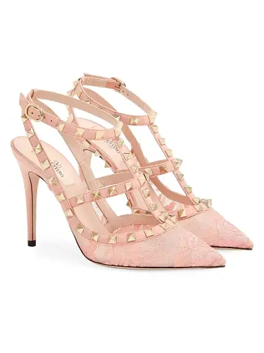 Valentino Garavani Women's Rockstud 100MM Lace Pump with Straps - Peach Rose | Thumbnail 2 Valentino Garavani Women's Rockstud 100MM Lace Pump with Straps - Peach Rose | Thumbnail 2