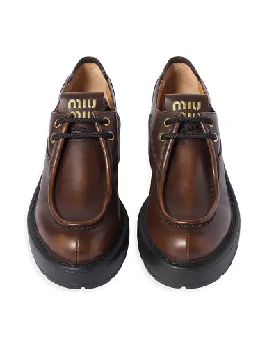 Miu Miu Women's Laced Fumé Leather Loafers - Brown | Thumbnail 2 Miu Miu Women's Laced Fumé Leather Loafers - Brown | Thumbnail 2