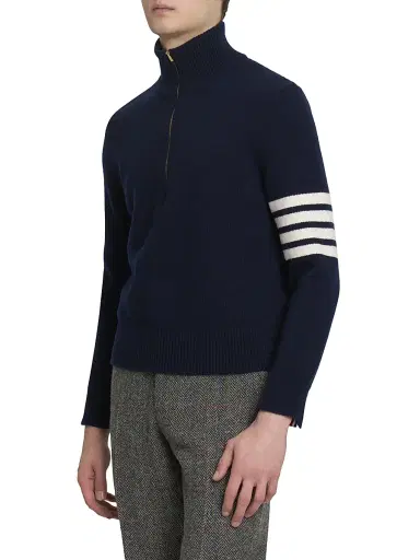 Thom Browne Men's 4-Bar Stripe Virgin Wool Half-Zip Sweater - Navy - Size Medium | Thumbnail 4 Thom Browne Men's 4-Bar Stripe Virgin Wool Half-Zip Sweater - Navy - Size Medium | Thumbnail 4