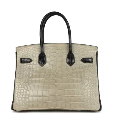 HERMÈS Pre-owned Hermes Special Order (HSS) Birkin 30 Gris Perle and Prunoir Matte Alligator Brushed Palladium Hardware | Thumbnail 4 HERMÈS Pre-owned Hermes Special Order (HSS) Birkin 30 Gris Perle and Prunoir Matte Alligator Brushed Palladium Hardware | Thumbnail 4
