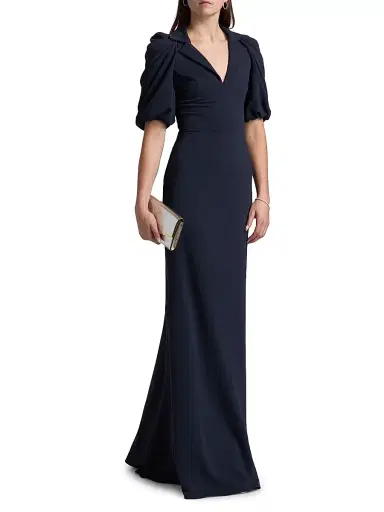 Badgley Mischka Women's Crepe Puff-Sleeve Evening Gown - Navy | Thumbnail 2 Badgley Mischka Women's Crepe Puff-Sleeve Evening Gown - Navy | Thumbnail 2