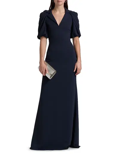Badgley Mischka Women's Crepe Puff-Sleeve Evening Gown - Navy | Thumbnail 3 Badgley Mischka Women's Crepe Puff-Sleeve Evening Gown - Navy | Thumbnail 3