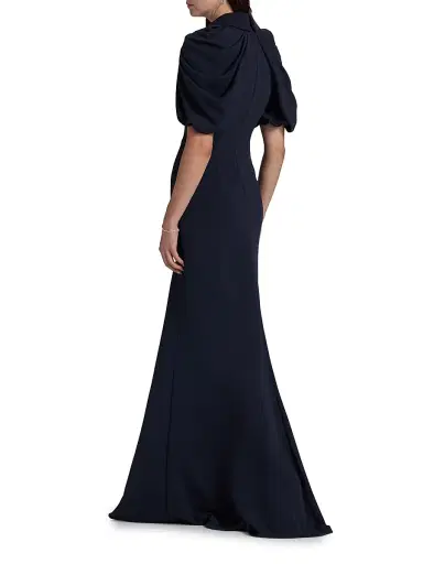 Badgley Mischka Women's Crepe Puff-Sleeve Evening Gown - Navy | Thumbnail 5 Badgley Mischka Women's Crepe Puff-Sleeve Evening Gown - Navy | Thumbnail 5