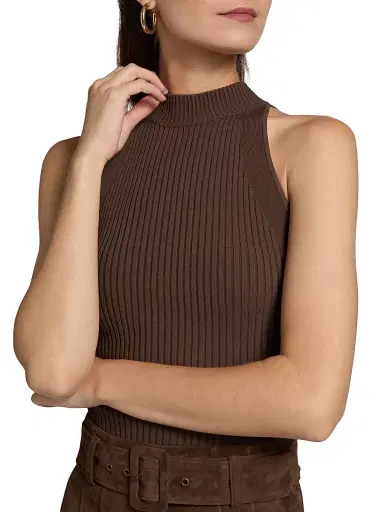 Veronica Beard Women's Yuna Rib-Knit Sleeveless Top - Dark Umber | Thumbnail 6 Veronica Beard Women's Yuna Rib-Knit Sleeveless Top - Dark Umber | Thumbnail 6