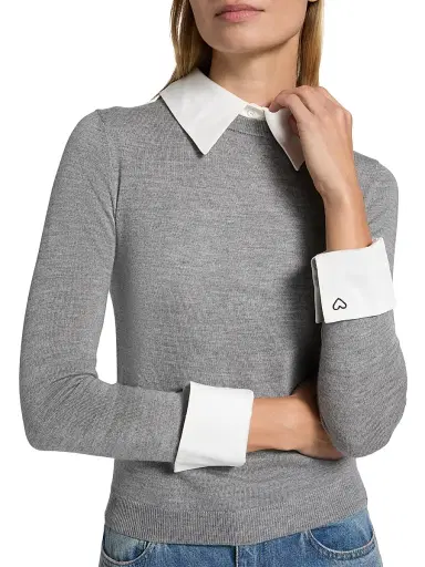 ALICE + OLIVIA Women's Porla Collared Wool Sweater - Medium Heather Grey | Thumbnail 7 ALICE + OLIVIA Women's Porla Collared Wool Sweater - Medium Heather Grey | Thumbnail 7